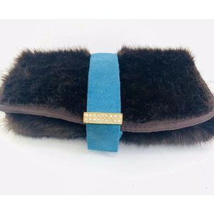 Stephanie Johnson Cosmetic Bag/Roll Crystal Bling Brown Faux Mink Fur NWOT
